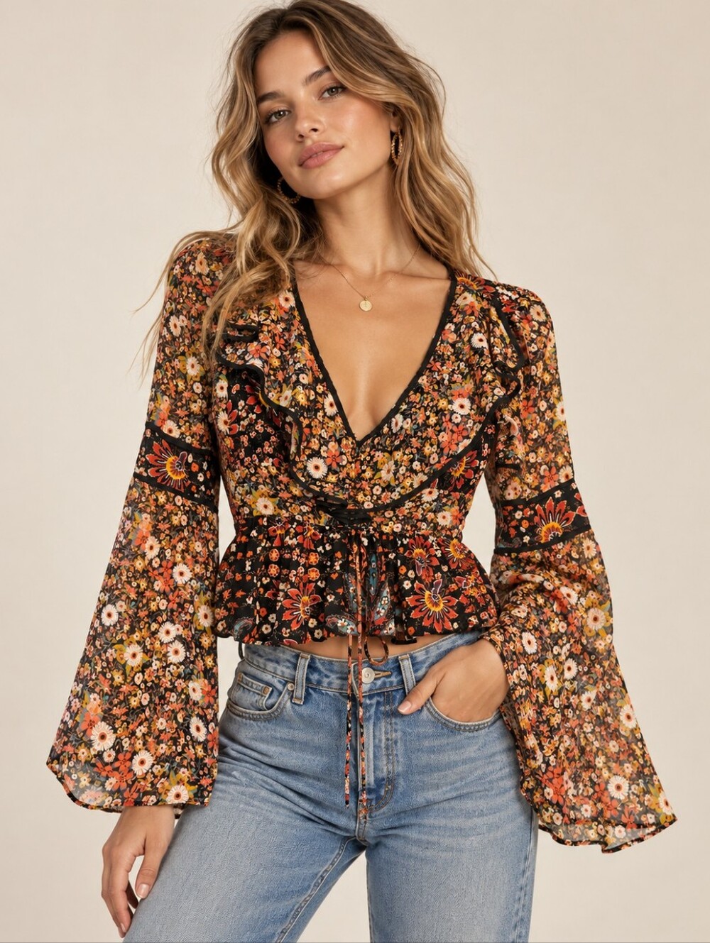 BCBGeneration Floral Boho Blouse Size S Ruffle Bell Sleeve Top EUC